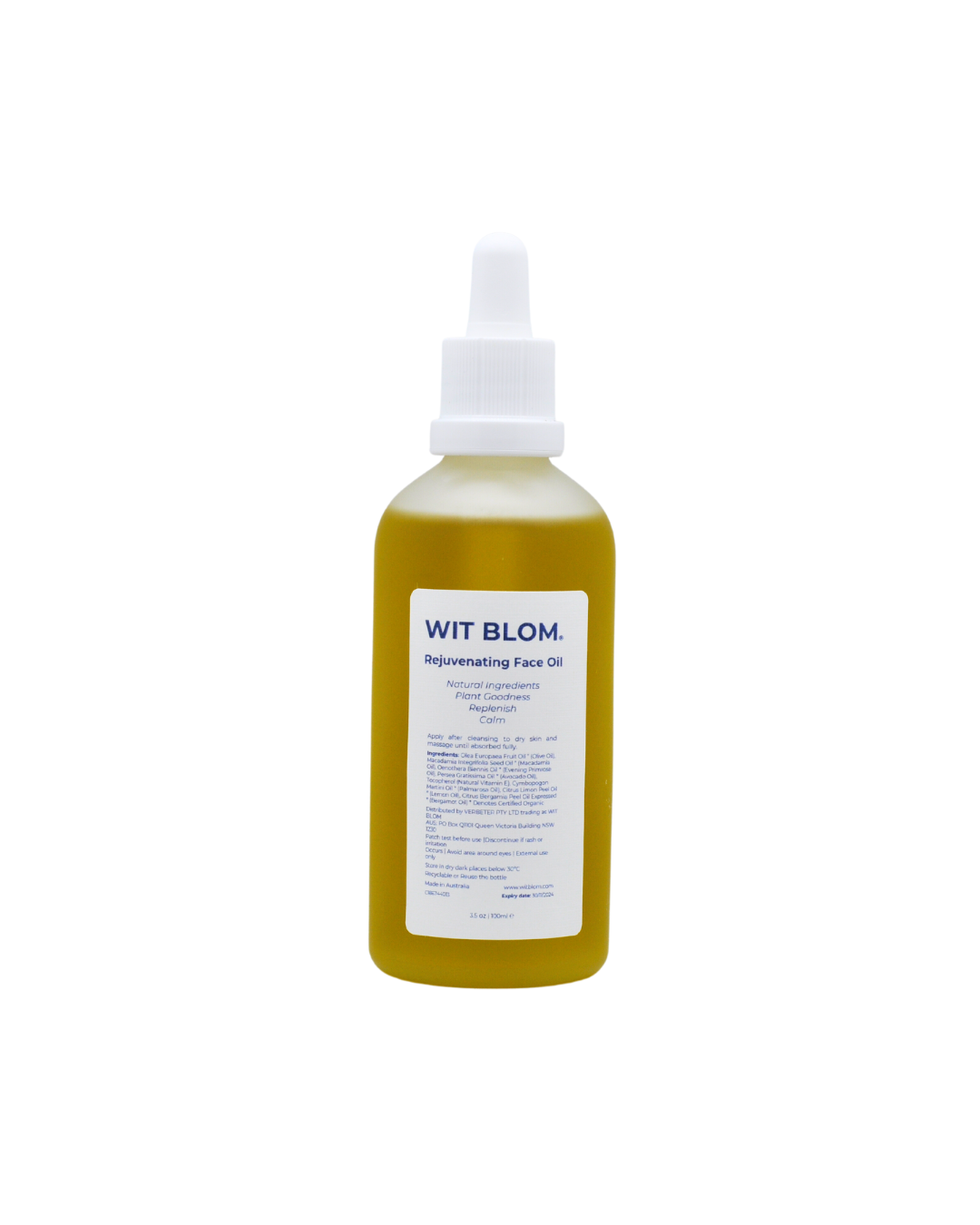 Wit Blom Rejuvenating face oil. It has a tall sleek bottle with white dropper cap